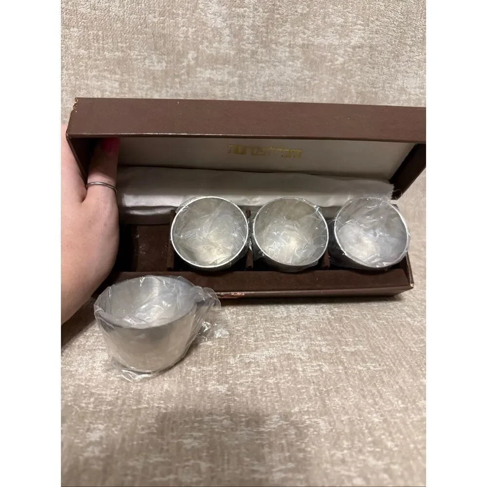 Vintage 80's Nordstrom Set Of 4 Pewter Shot Glasses in Brown Gift Box Silver
